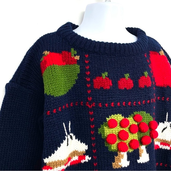 Eagles Eye Vintage 90s Kids Hand Knit A Is For Apple Navy Folk Art Sweater 6/6X - Picture 3 of 10